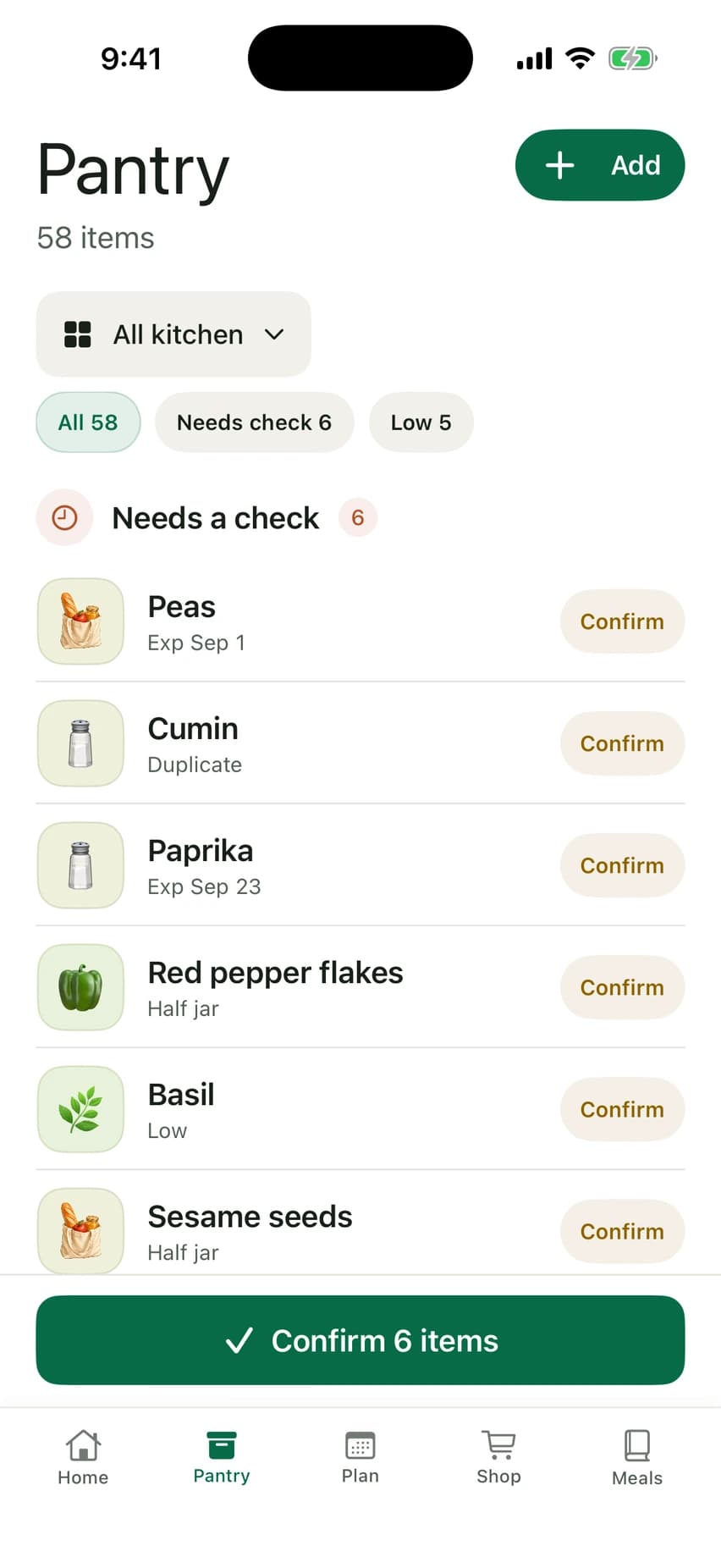 Plan2Cart Pantry showing saved ingredients and quantities to confirm