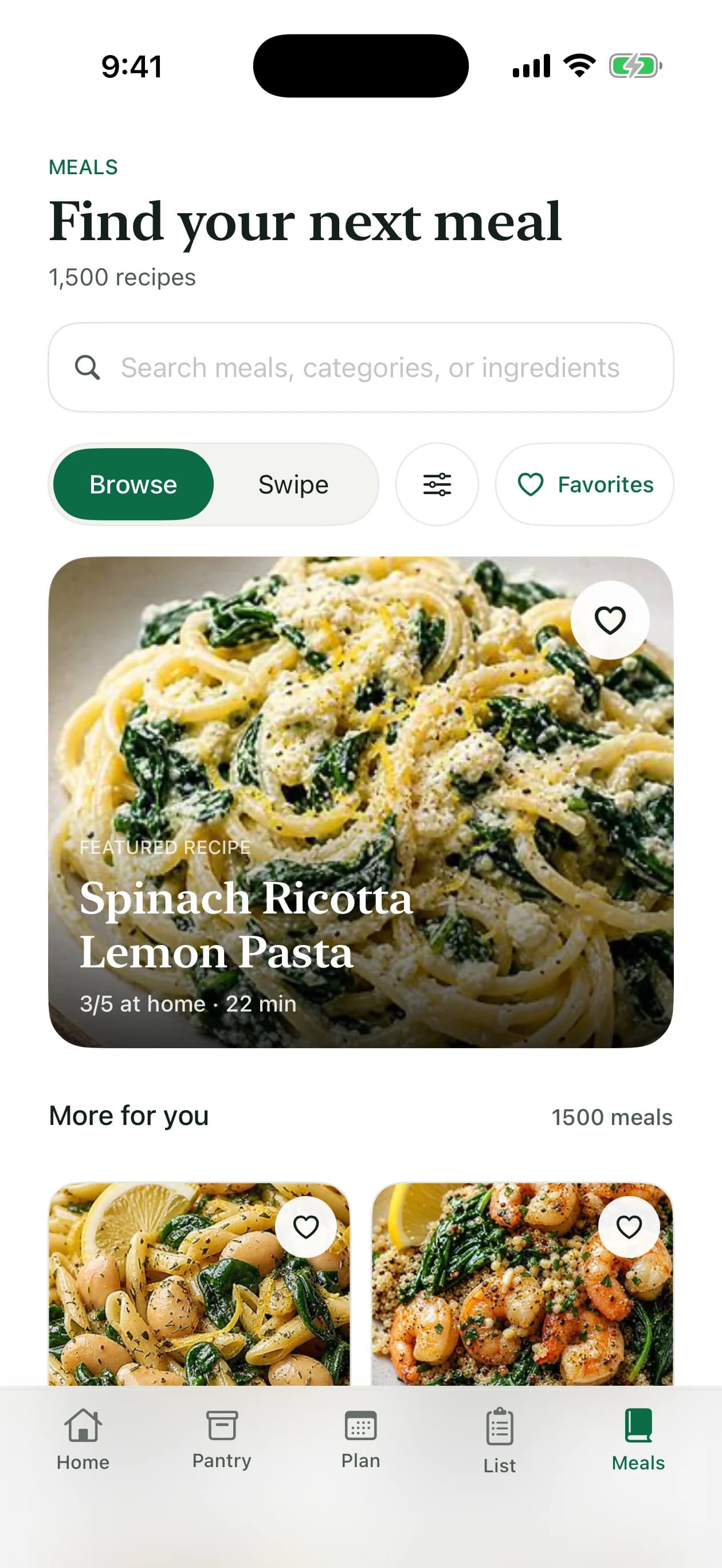 Plan2Cart meal discovery showing Spinach Ricotta Lemon Pasta with 3 of 5 ingredients at home