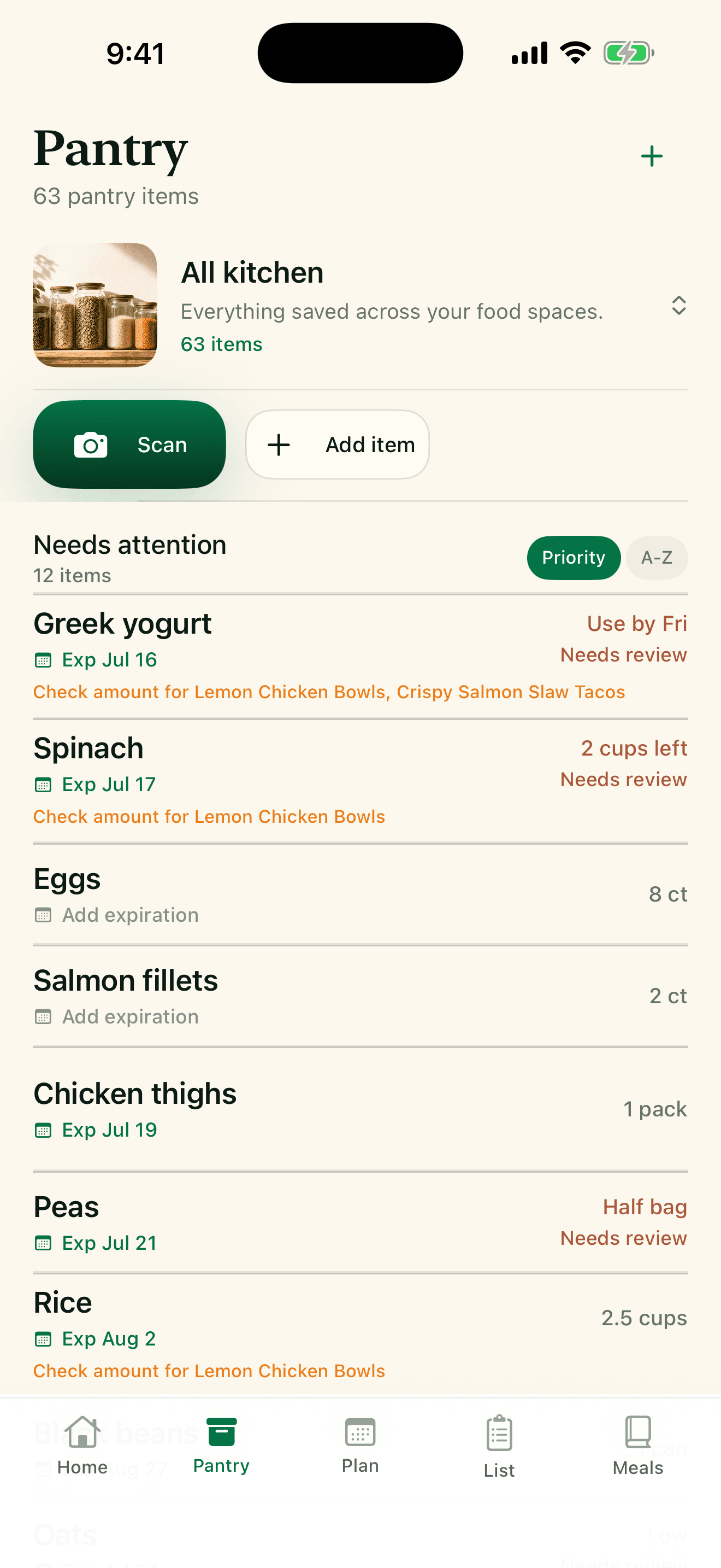 Plan2Cart pantry showing use-by estimates, priority items, and meal-plan checks