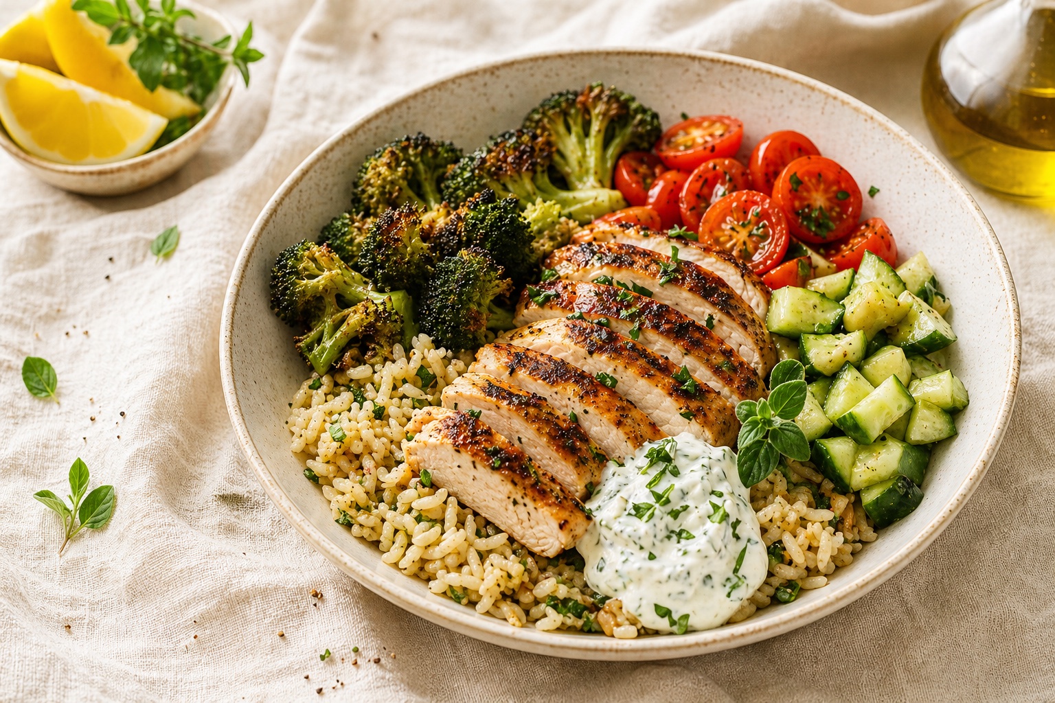Chicken and rice bowl with vegetables and lemon yogurt sauce
