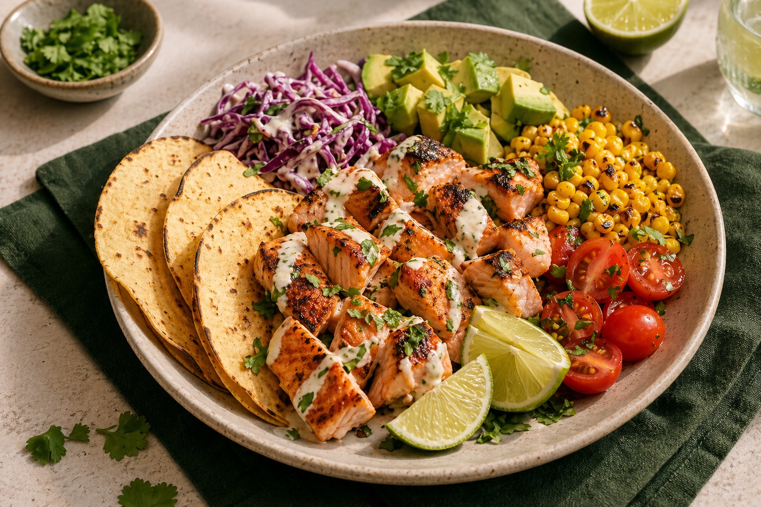 Chicken bowl with rice, avocado, lime, and slaw